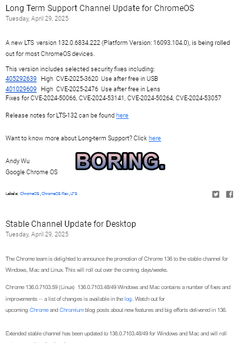 Screenshot of Google Chrome's recent release notes with a caption of